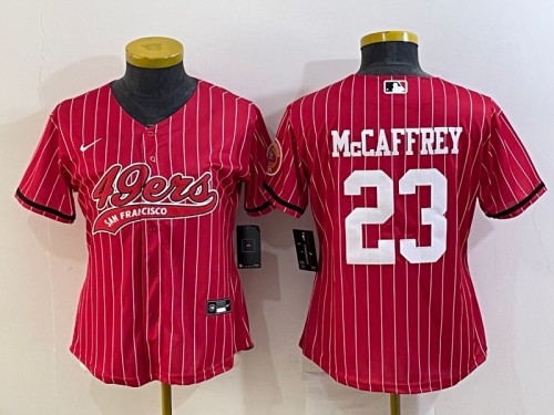 Women's San Francisco 49ers #23 Christian McCaffrey Red With Patch Cool Base Stitched Baseball Jersey(Run Small)
